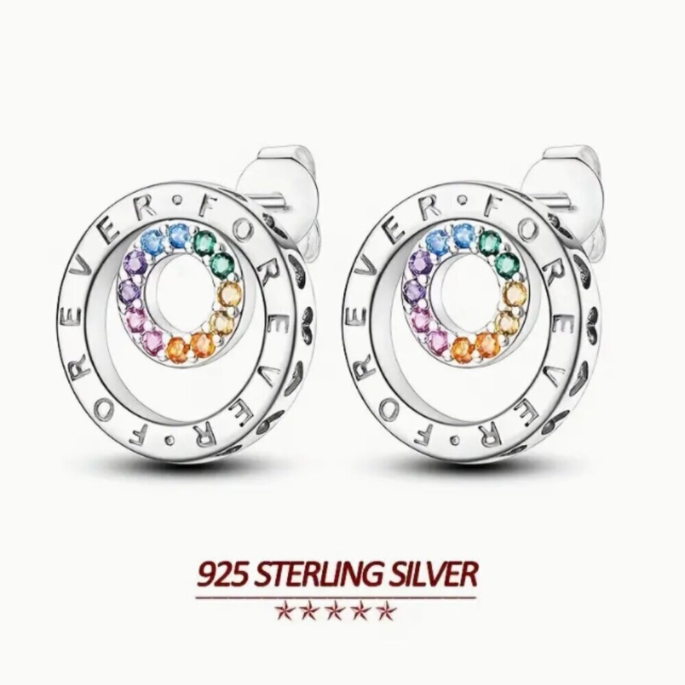 925 Sterling Silver Forever Round Stud Earrings with Zircon Rainbow Stones